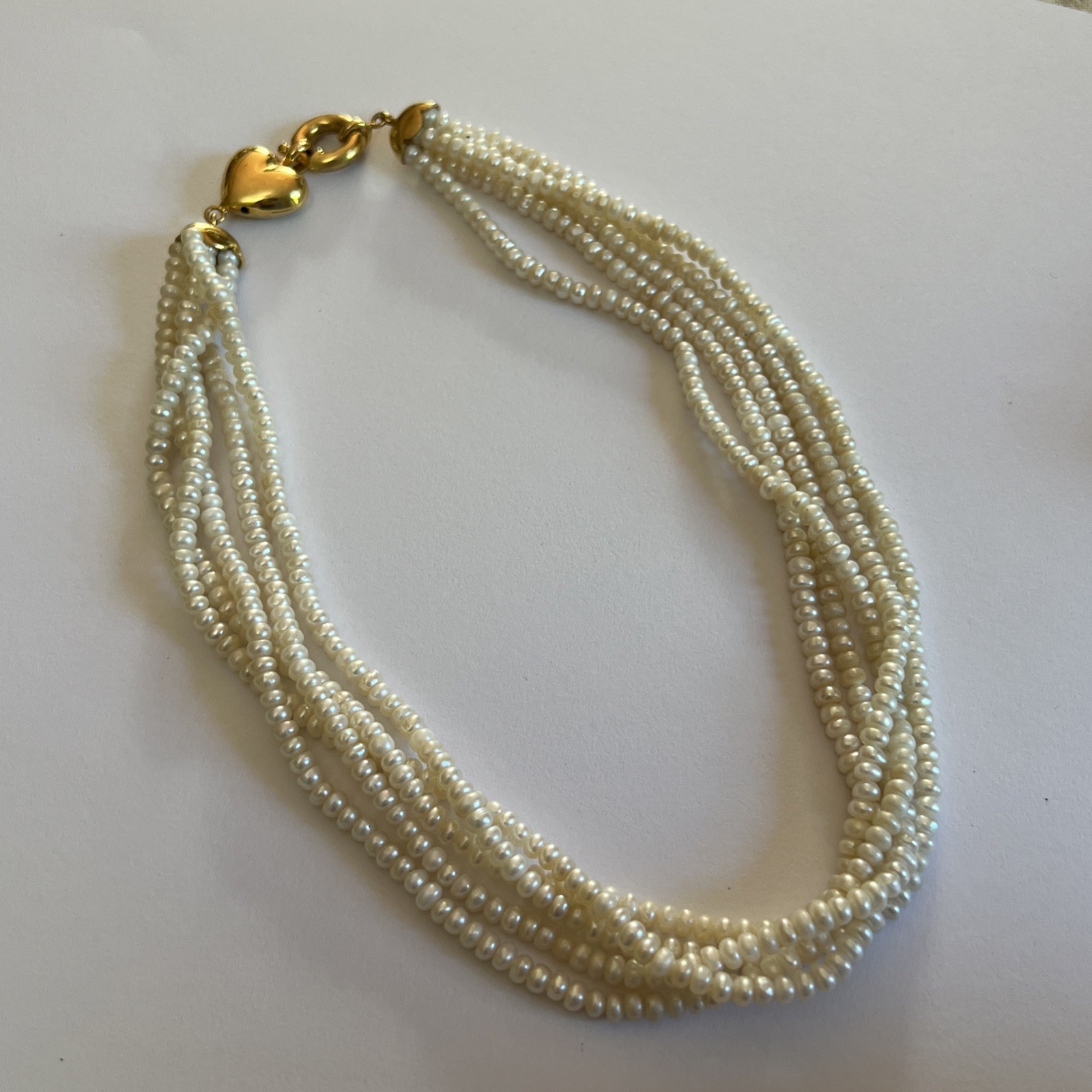 Vintage Multi-Strand Freshwater Pearl 18” Necklace Gold Tone Heart Clasp