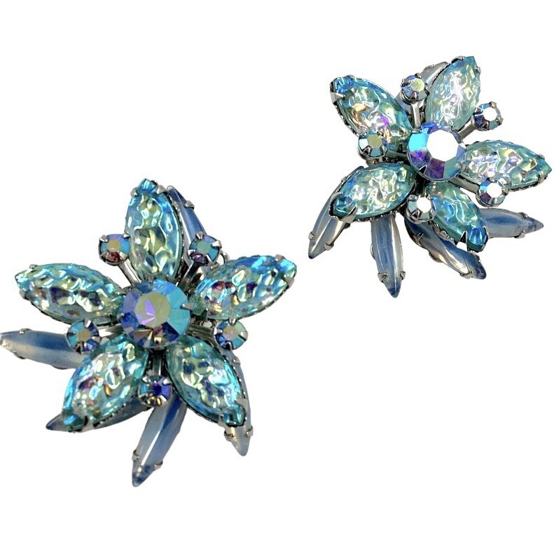 Vintage Judy Lee Blue Iridescent Glass Floral Clip Earrings AB Rhinestone 1960s