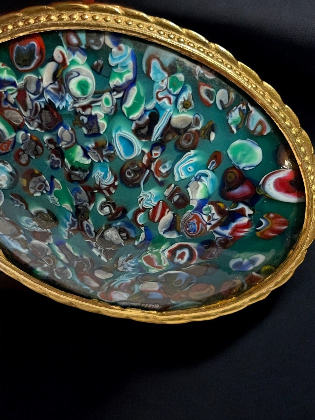 Vintage Art Glass Millefiori Look Large Statement Brooch Gold Tone Oval Frame