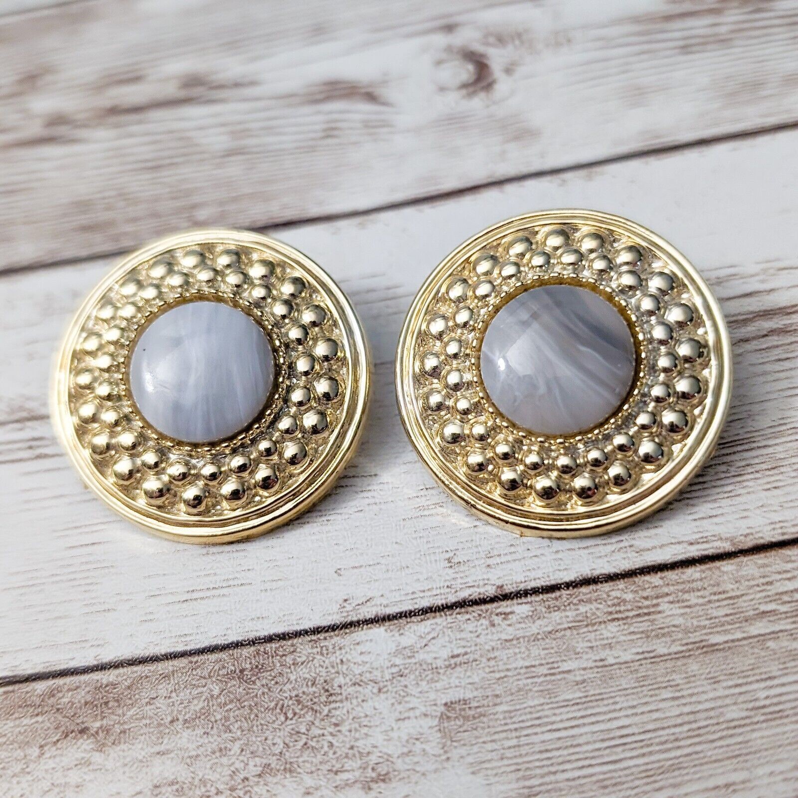 Vintage Clip On Earrings Stunning Statement Gold Tone with Unusual Center 1.25″