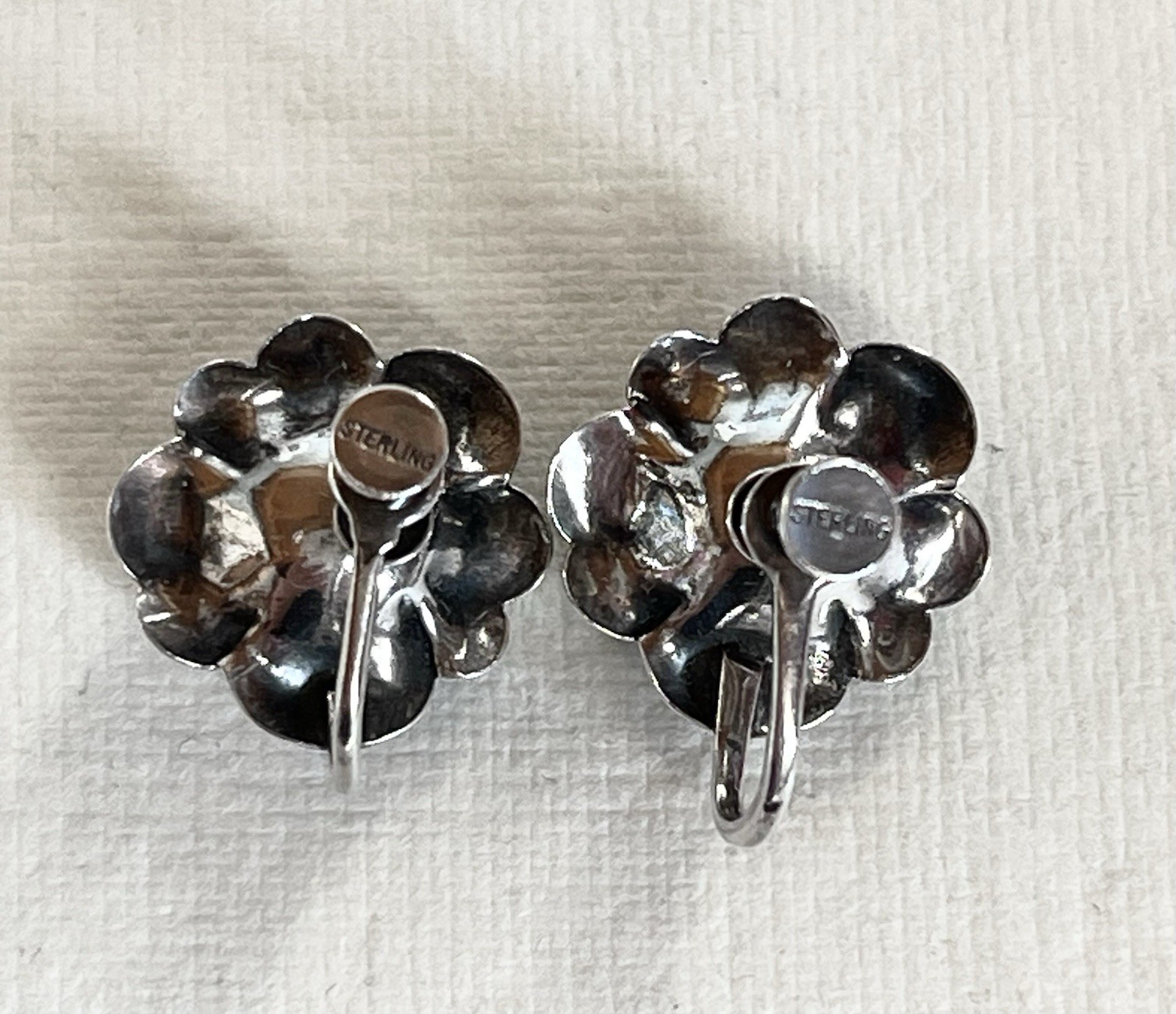 Vintage Oxidized Sterling Silver 3D Rose Flower Screw Back Stud Earrings