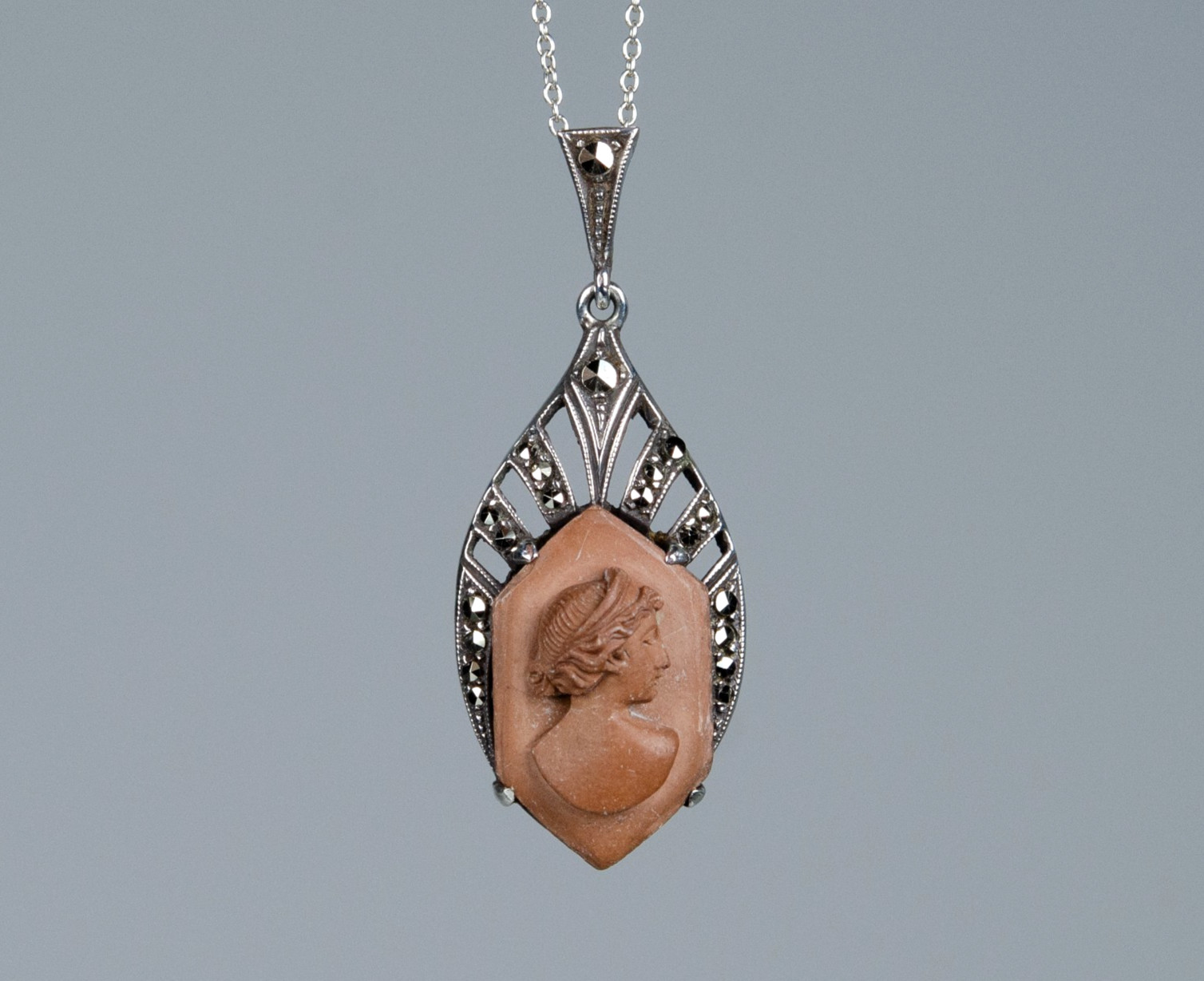 835 Silver – Antique Art Deco Pendant – Lava Stone Cameo – Marcasite