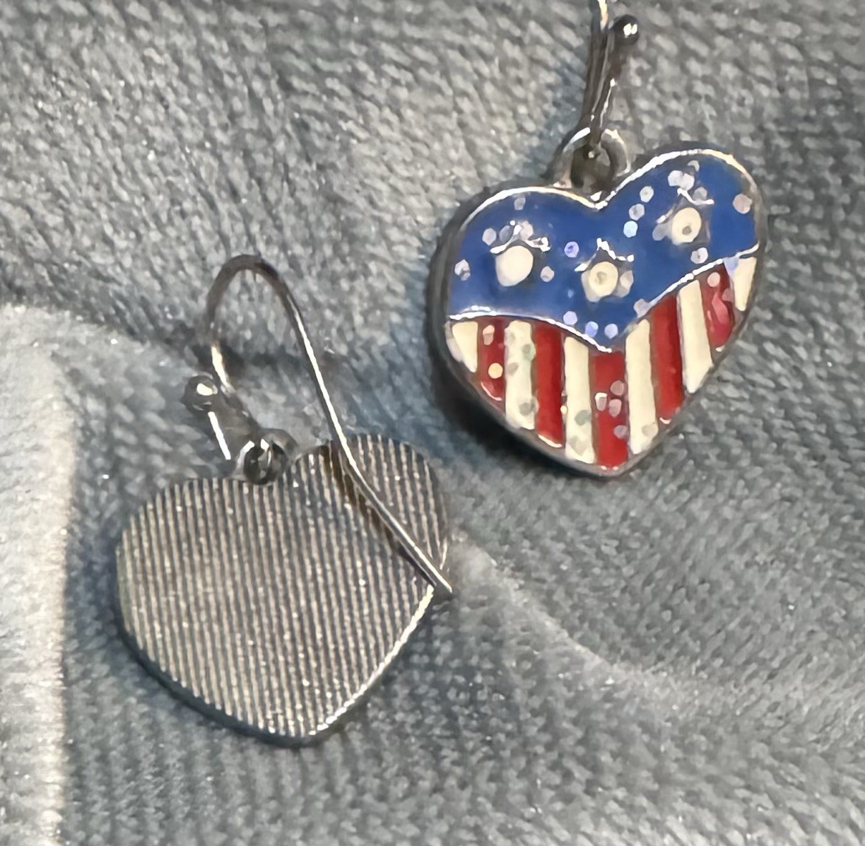 Vintage American Heart Dangle Earrings Silver Toned Red White Blue