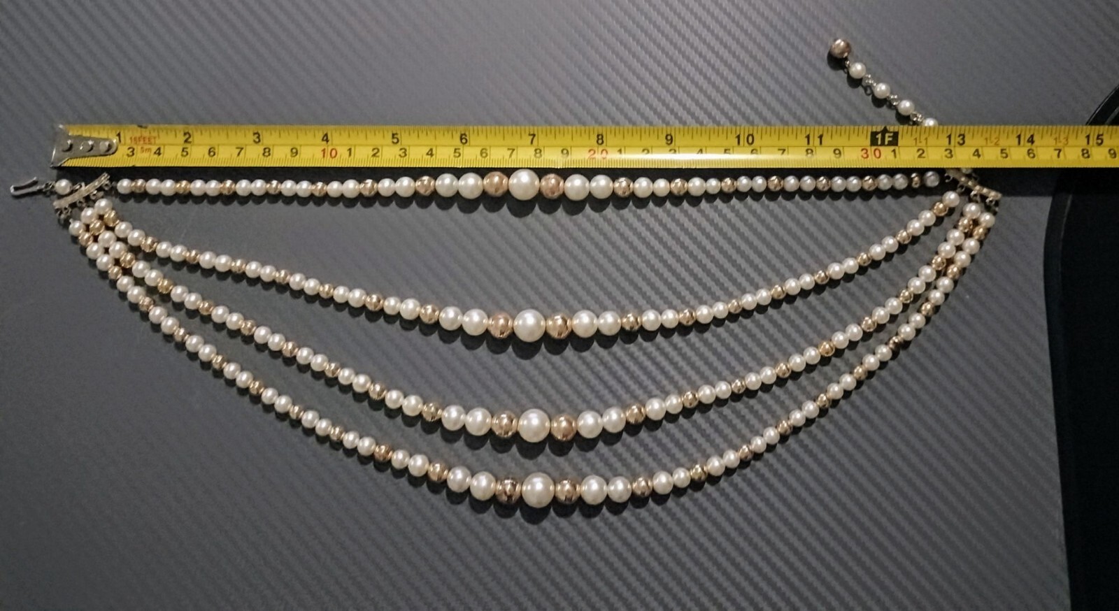 Vintage Multi Strand Faux Pearl Necklace White Gold Tone Decorative Hook Clasp 1