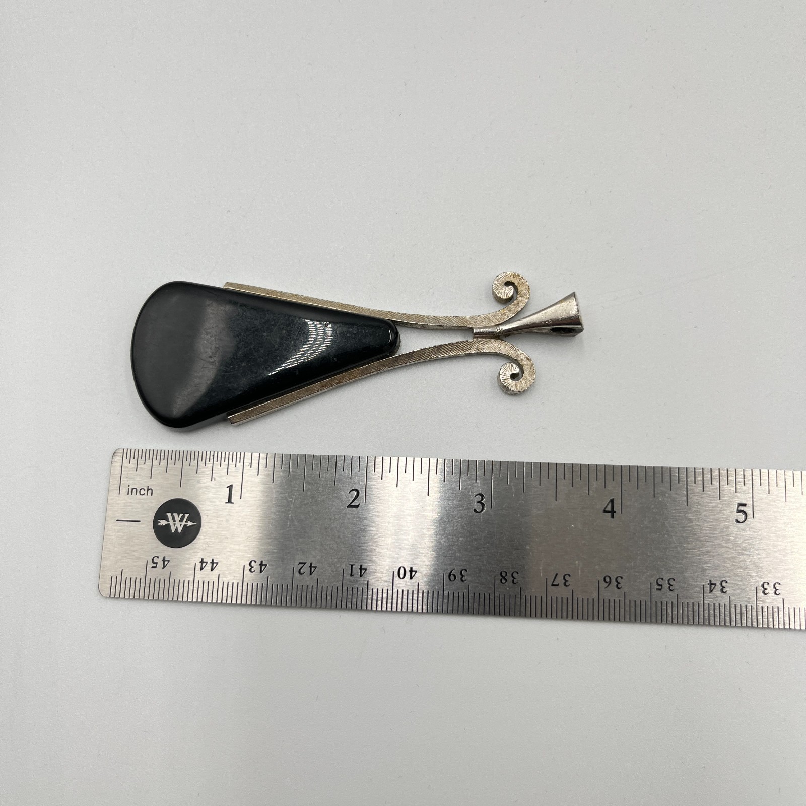 Vintage Avon Mid-Century Modern Silver Tone Black Onyx Style Teardrop Pendant