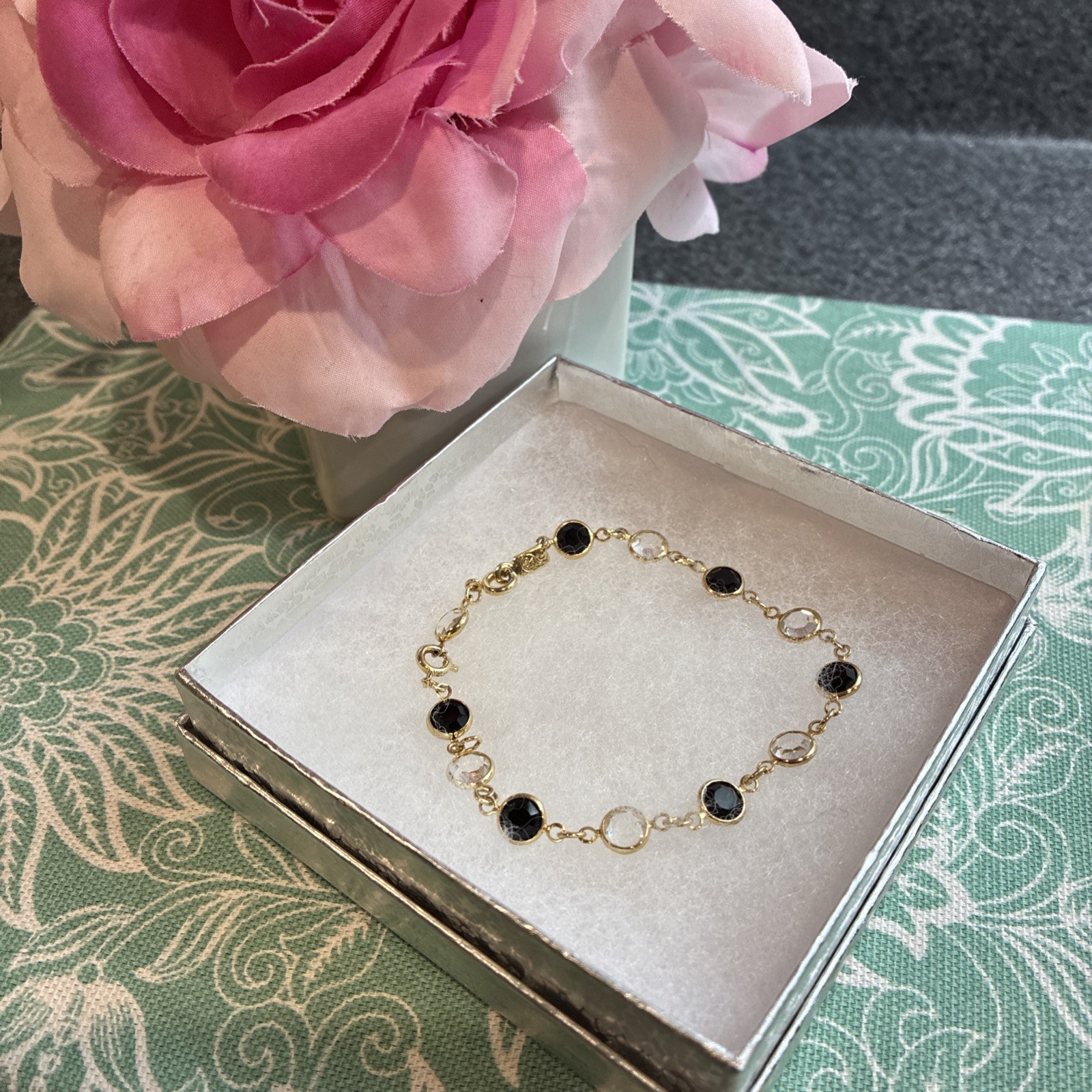 Vintage Swarovski Faceted Round Clear And Black Crystal Gold Tone Swan Bracelet