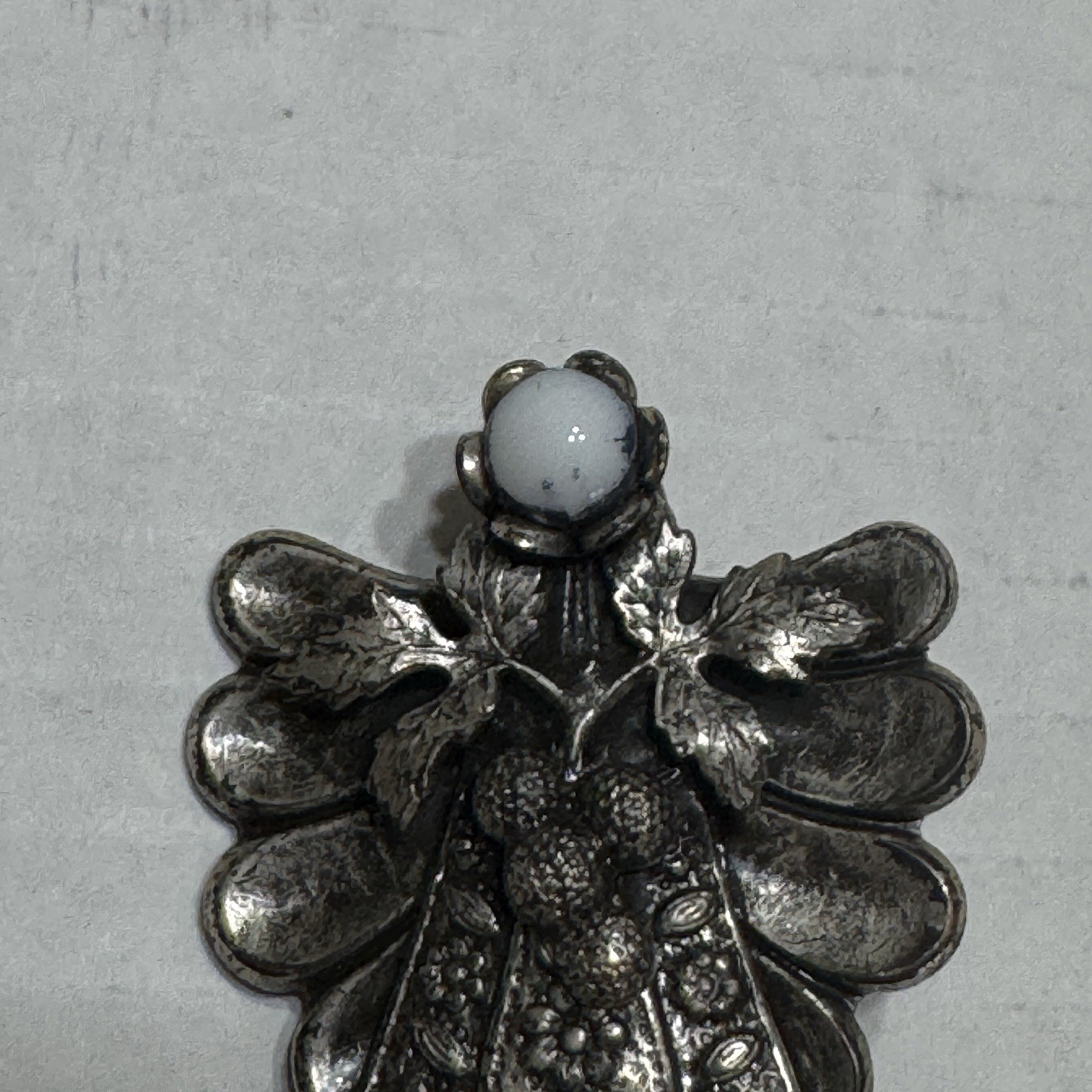 Signed JANE AOL Silver Tone Ornate Angel BROOCH PIN Faux Pearl Stone Vtg
