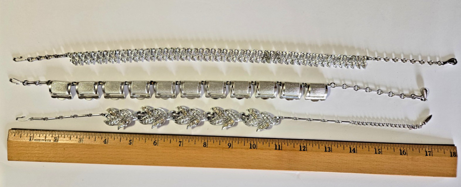 Coro Vintage Chunky Silvertone Necklaces, 2 Signed on Hook, 1 With Stone Accents