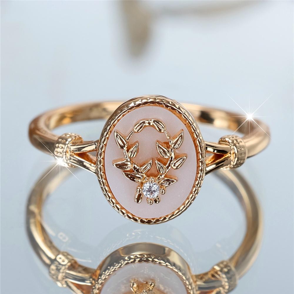 Vintage Gold Silver Oval Leaf Ring White Enamel Stone Women Wedding Jewelry Gift