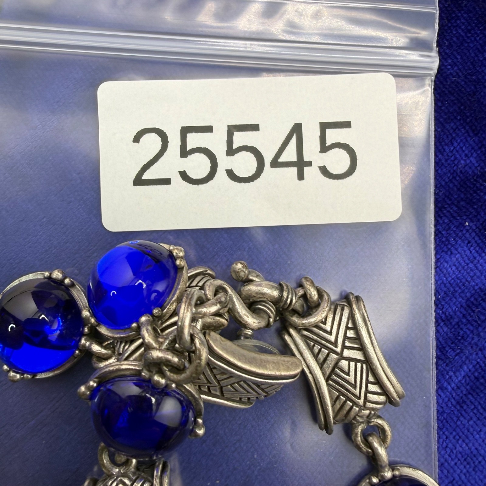 Vintage Bracelet Pierced Earrings Set Silver Tone Blue Glass 6.5”