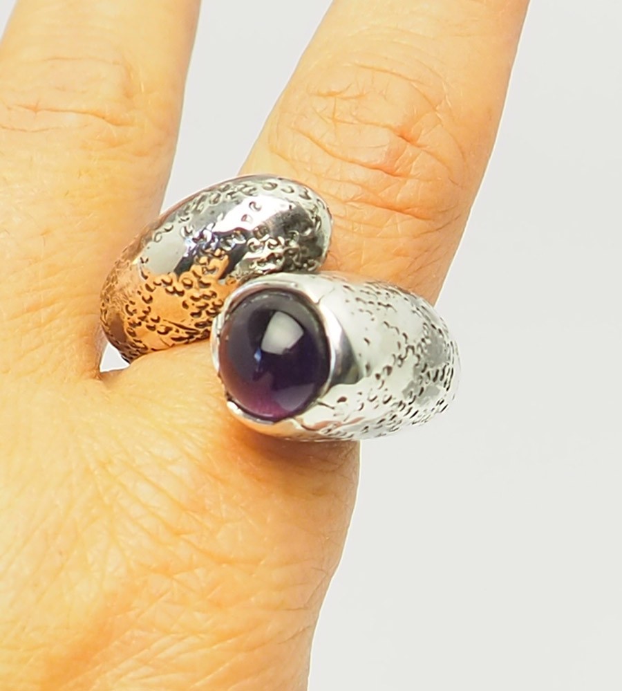 Unusual handmade OOAK huge vintage sterling sliver amethyst ring sz 8