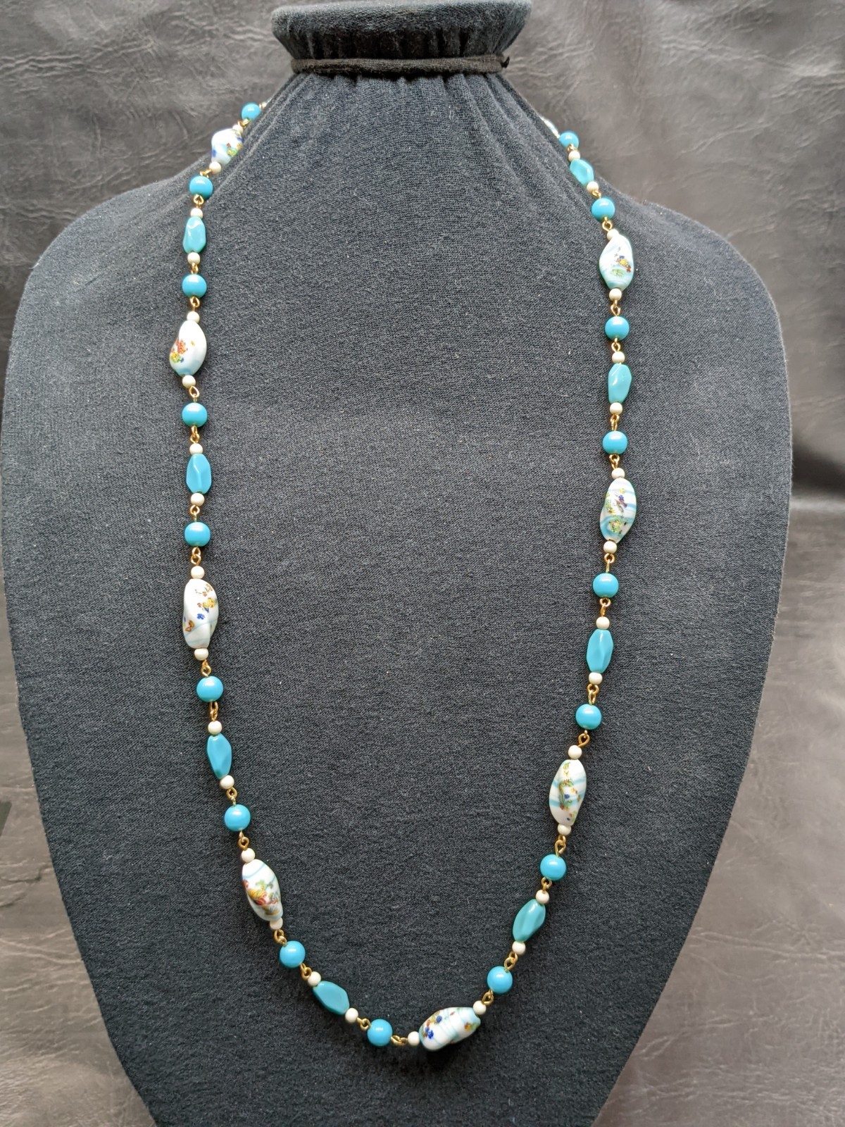 Vintage Porcelain Beads Necklace Underglaze Floral Blue Glass 33″ Long