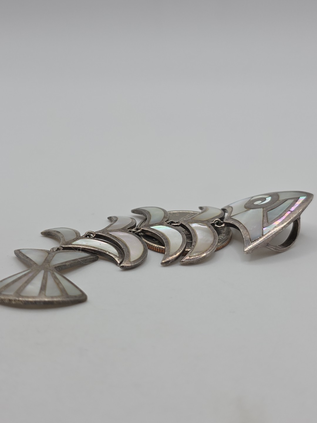 Vintage Sterling Silver 925 MoP Fish Bone Dangle Pendant