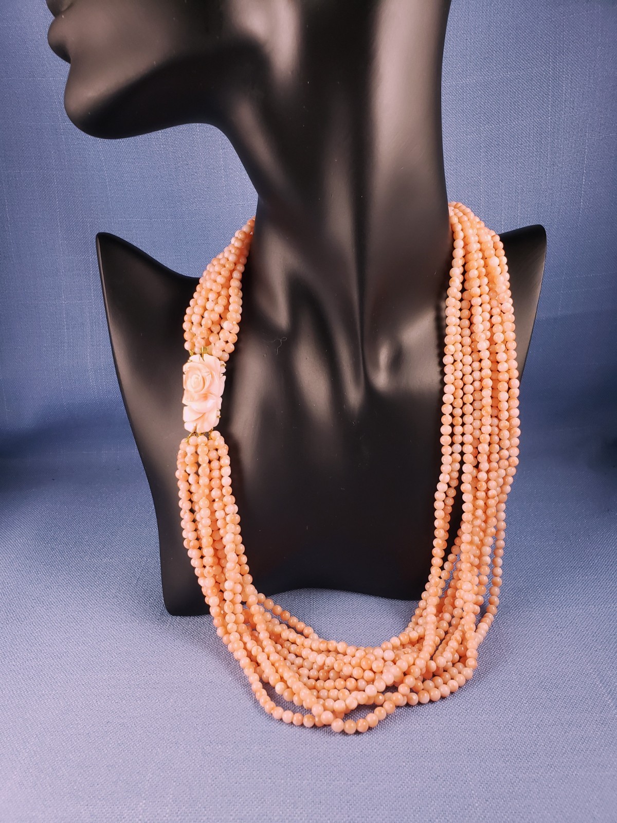 Angel skin coral multistrand 11 strands bead necklace carved rose 21″ 130 g