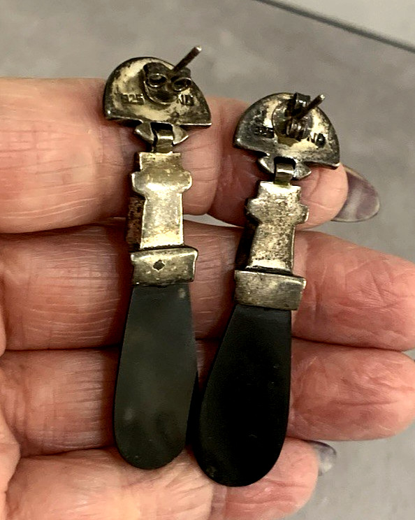 Vintage Signed 925 ND Sterling Black Onyx & Marcasite PE Dangle Earrings