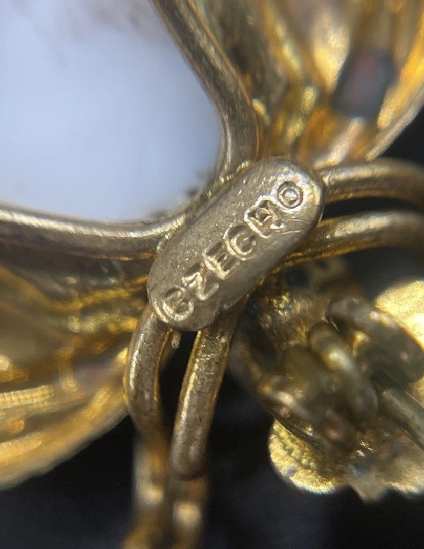 VTG Czech Insect Bee Fly Brooch Brass W Glass Belly. Signed Czecho. As Is.