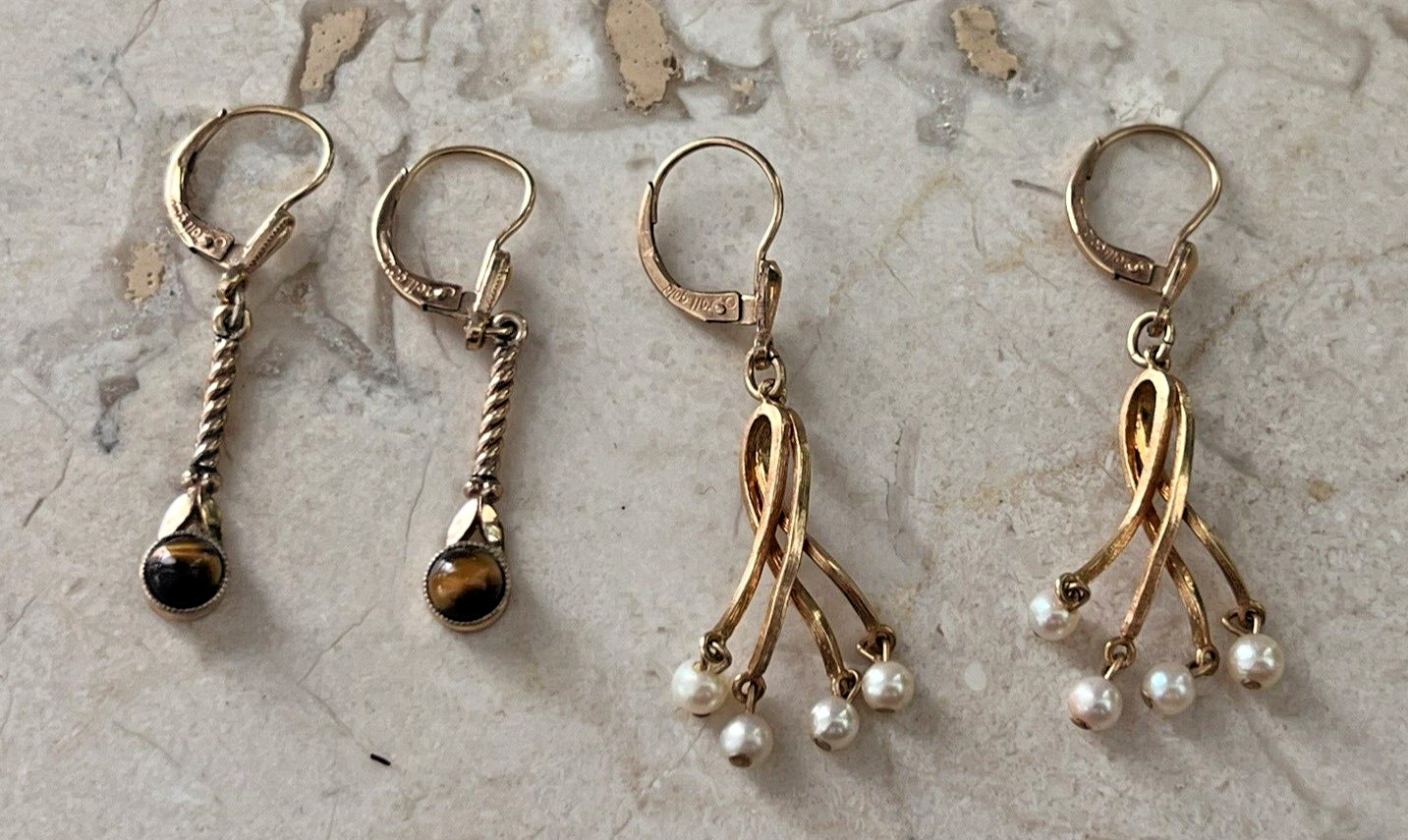 Two Pairs Vintage Rolled Gold HV Tigers Eye & Faux Pearl Drop Earrings lot