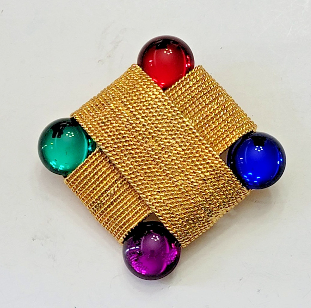 1980s vintage large gold tone multi color cabochons rope brooch pin