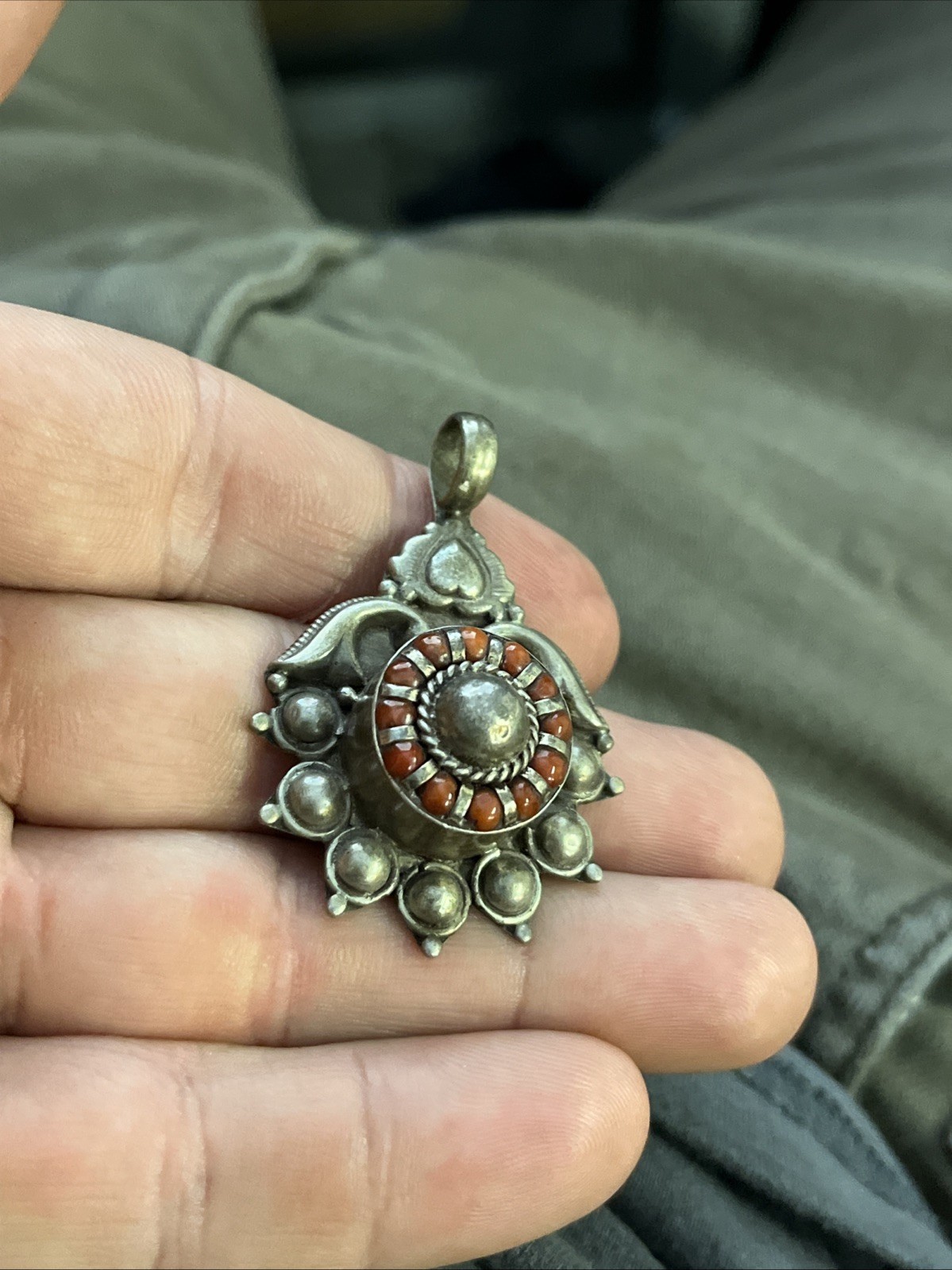 Antique Sterling 925 Silver Pendant Red Coral 2” 15.1g Native American Navajo