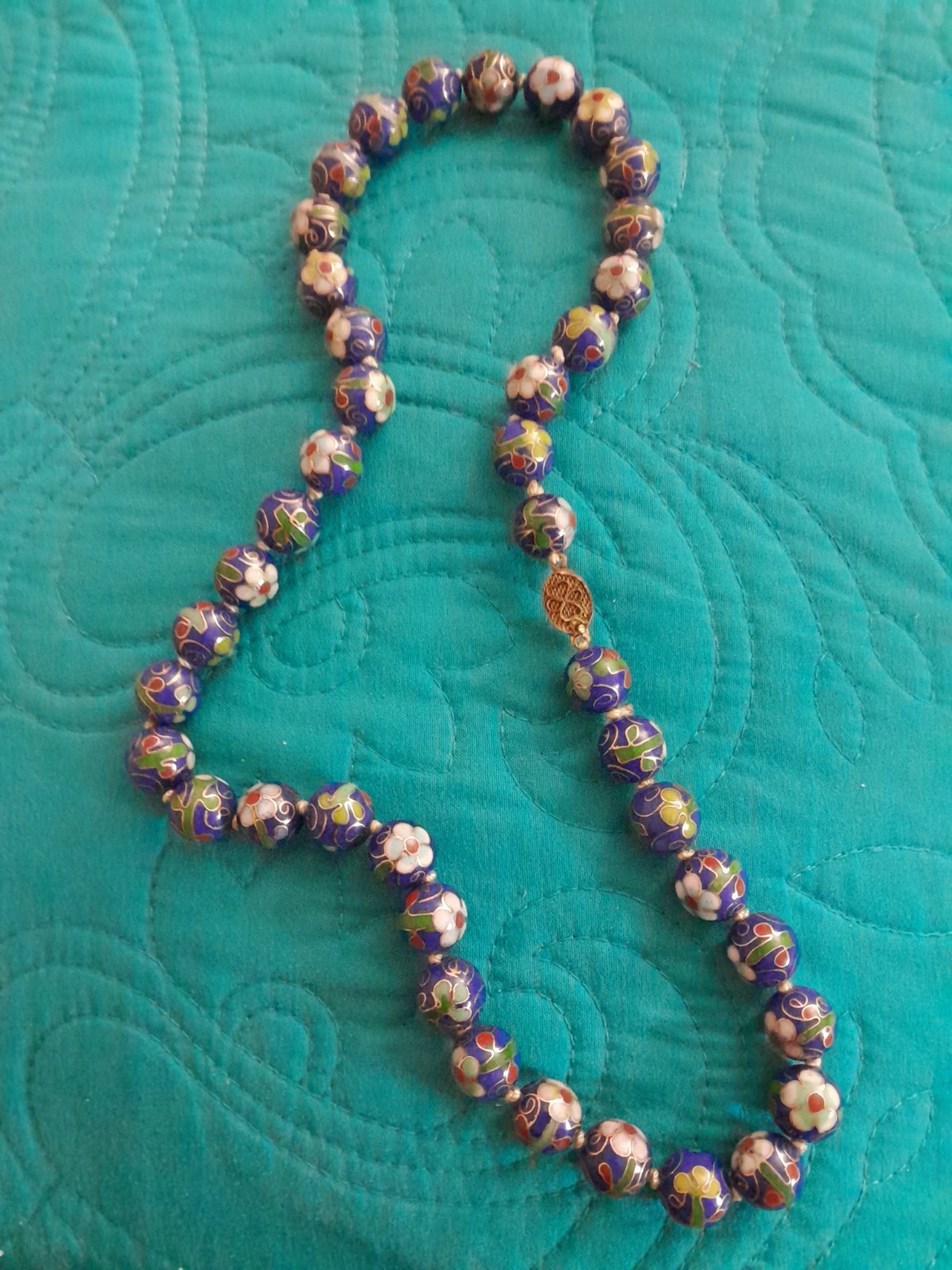 Vintage Chinese Export Cloisonne Blue Floral Enamel Beaded Necklace 19′