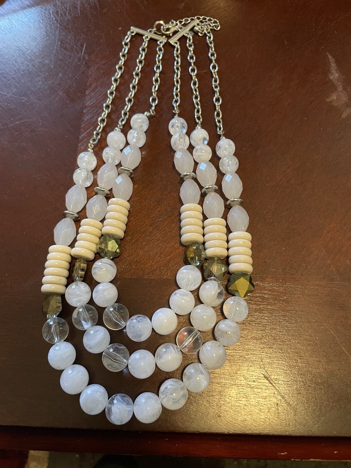 Lani Three Strand Necklace/Silvertone 17” /Various Material