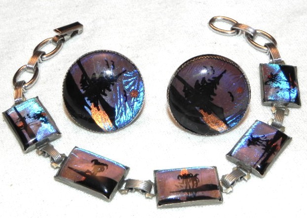 Vintage Hoffman Blue Morpho Butterfly Wing Bracelet w Earring Set Silver Tone