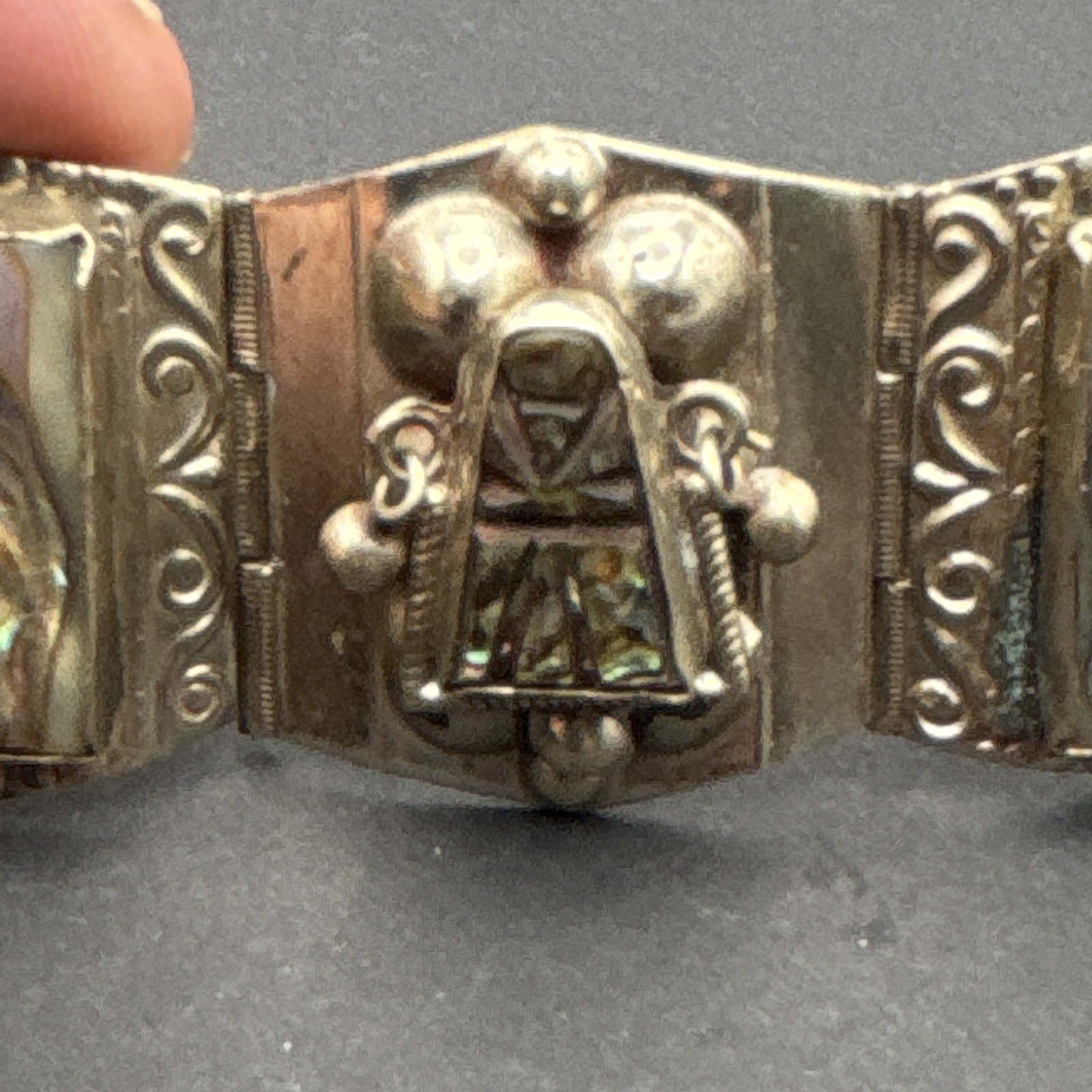 Mexico 925 Sterling Silver Abalone Inlay Panel Link Bracelet w/”Eagle & 3″ Stamp