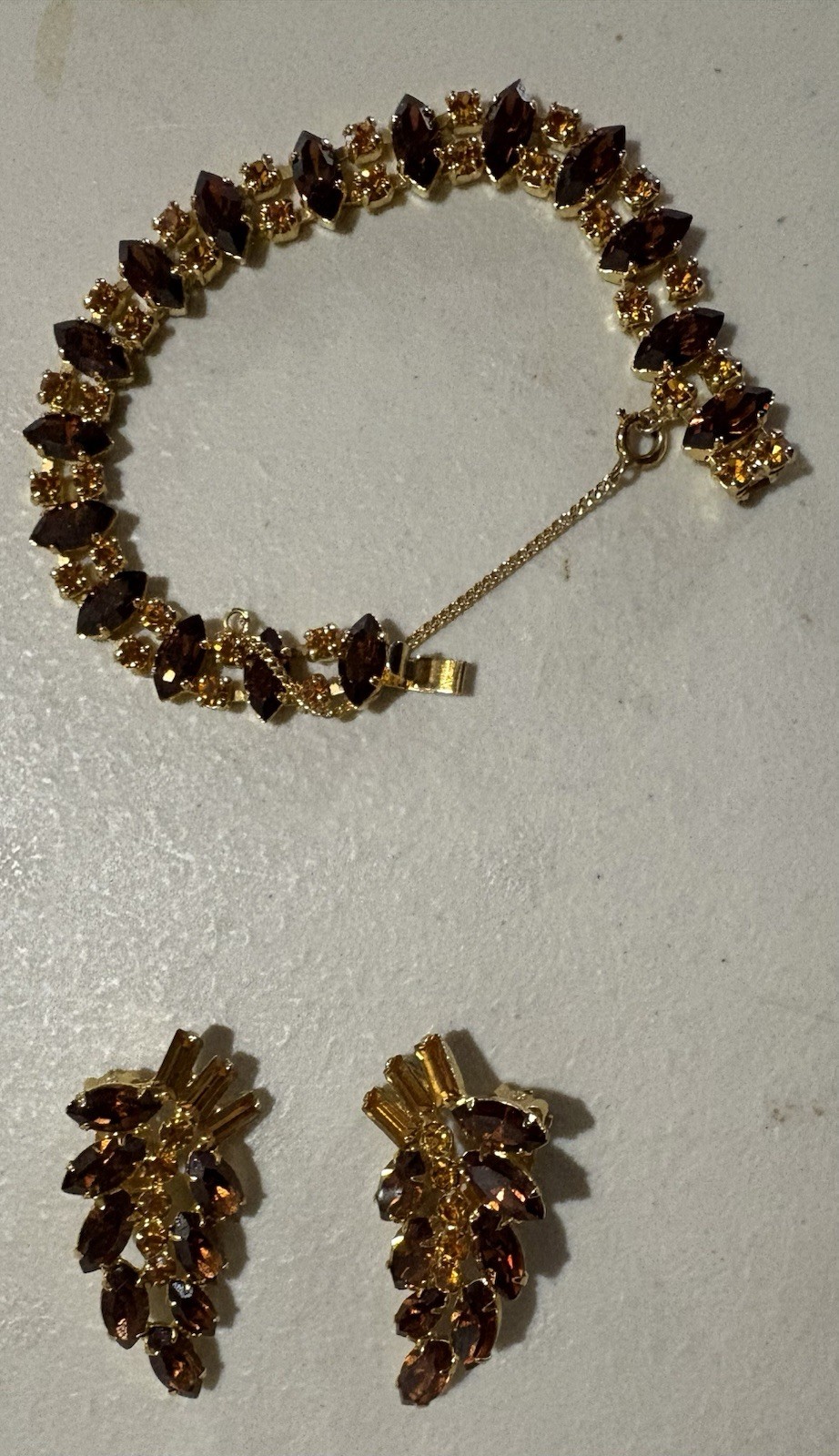 Vintage – Costume Jewelry- Amber and Gold – Bracelet and Earrings Set
