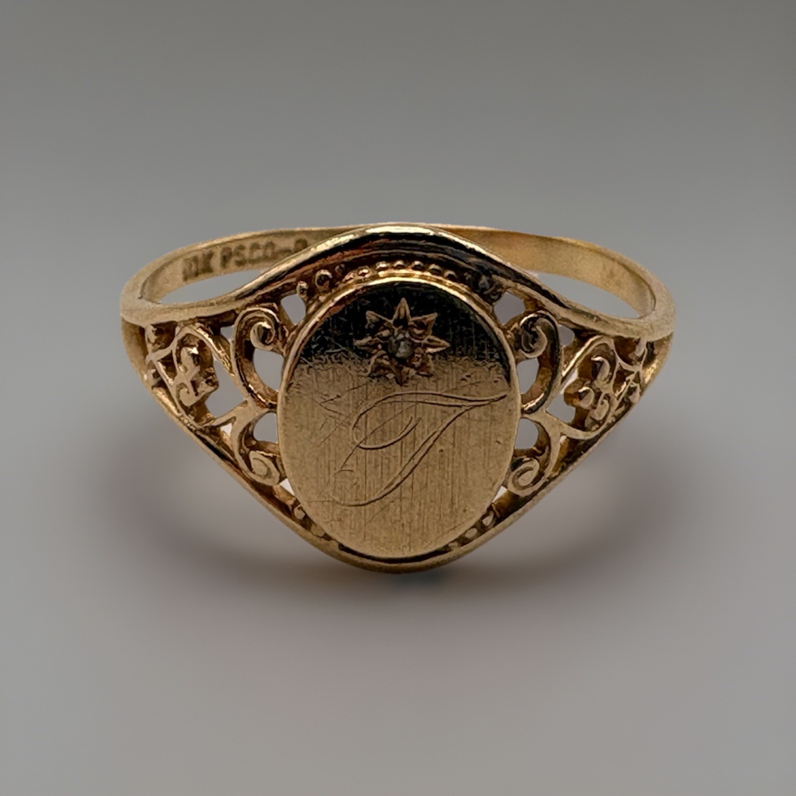 Antique 10K Yellow Gold Signet Ring With Diamond In Sun, Size 5.5 PSCO Filigree