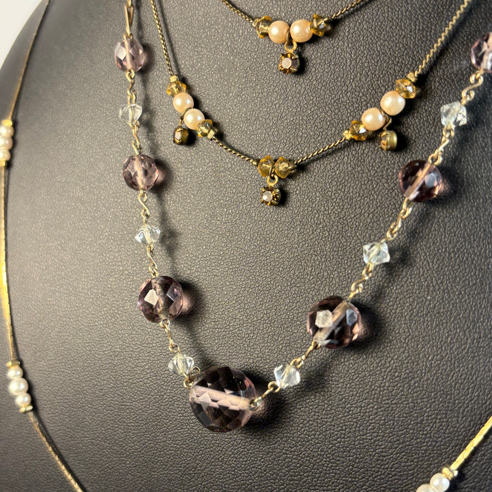 Necklace Lot Gold Tone Pearl Lavender Cut Glass Beads Delicate Romantic