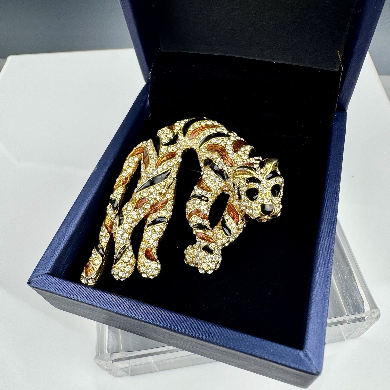 Vintage 1960’s Signed CINER Tiger Large Brooch Enamel Stripes Rhinestone