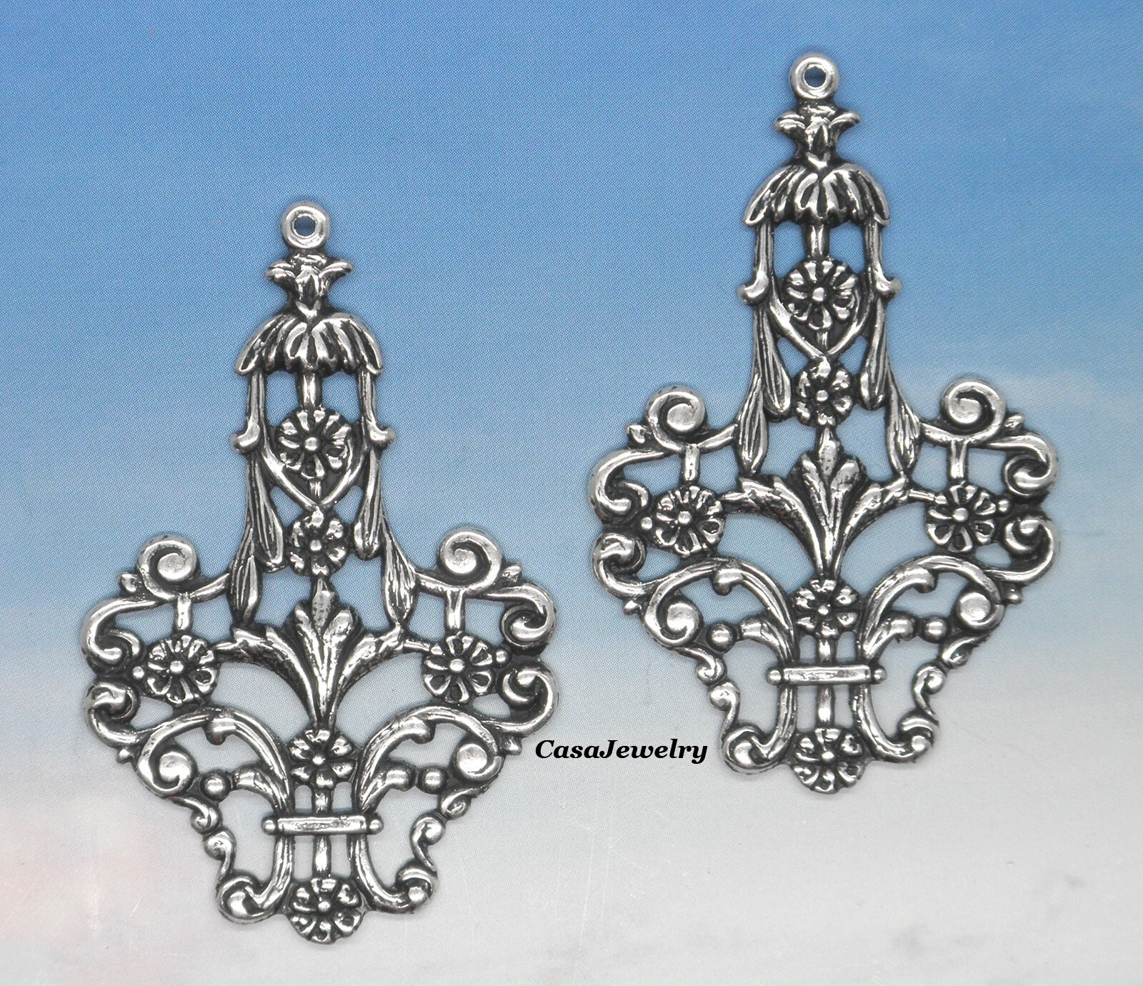 #1749 ANTIQUED STERLING SILVER PLATED DAPPED FILIGREE W/TOP HANG RING – 2 Pcs