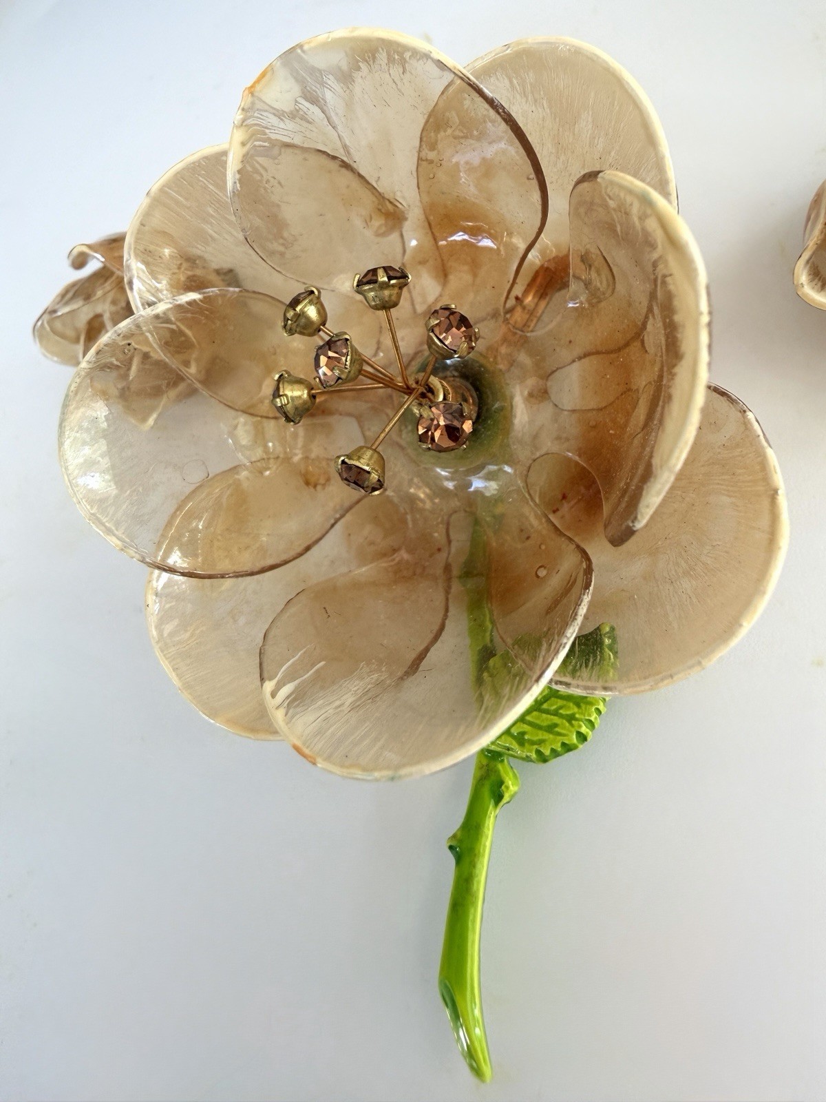 Cellulose Acetate Rhinestone Flower Brooch Earring Set Amber Demi Parure 50s Lot