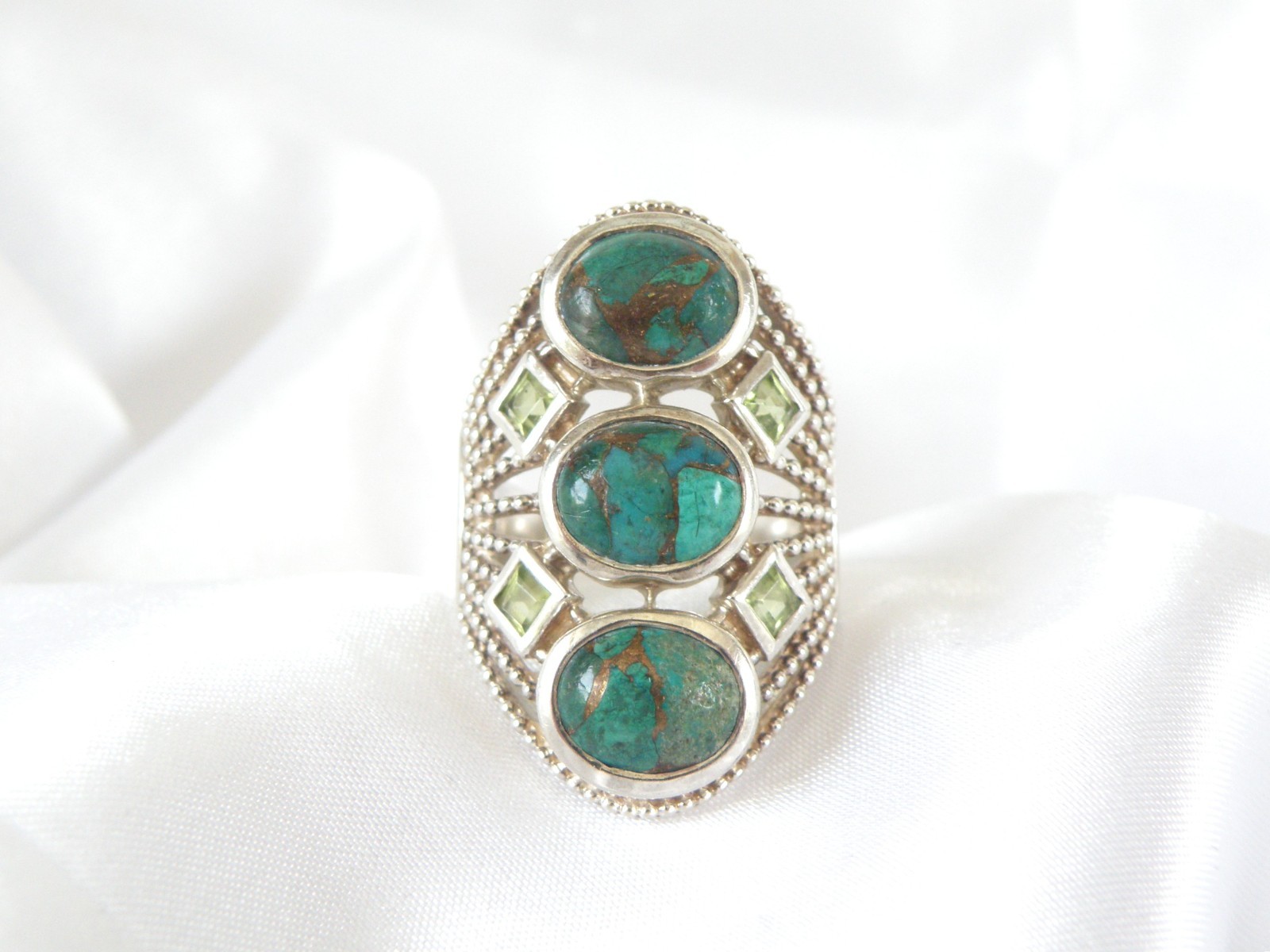 Sterling Silver 925 Large Chrysocola and Peridot Multi Stone Statement Ring 7