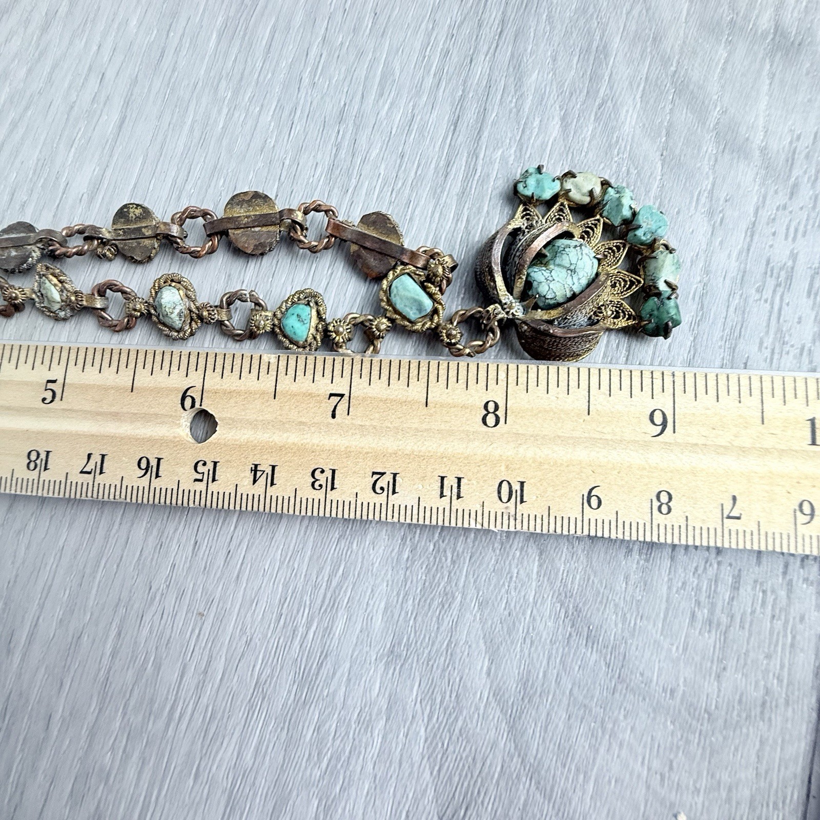 Vintage Possibly Antique Chinese Import Filigree Turquoise Pendant Necklace