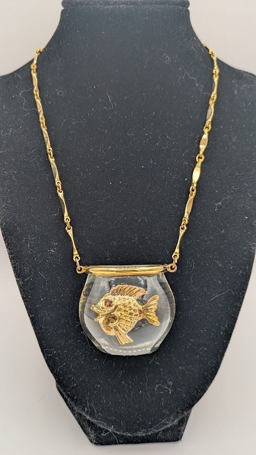 Vintage CASTLECLIFF Lucite Fish Bowl Pendant Necklace Clear Resin Fishbowl