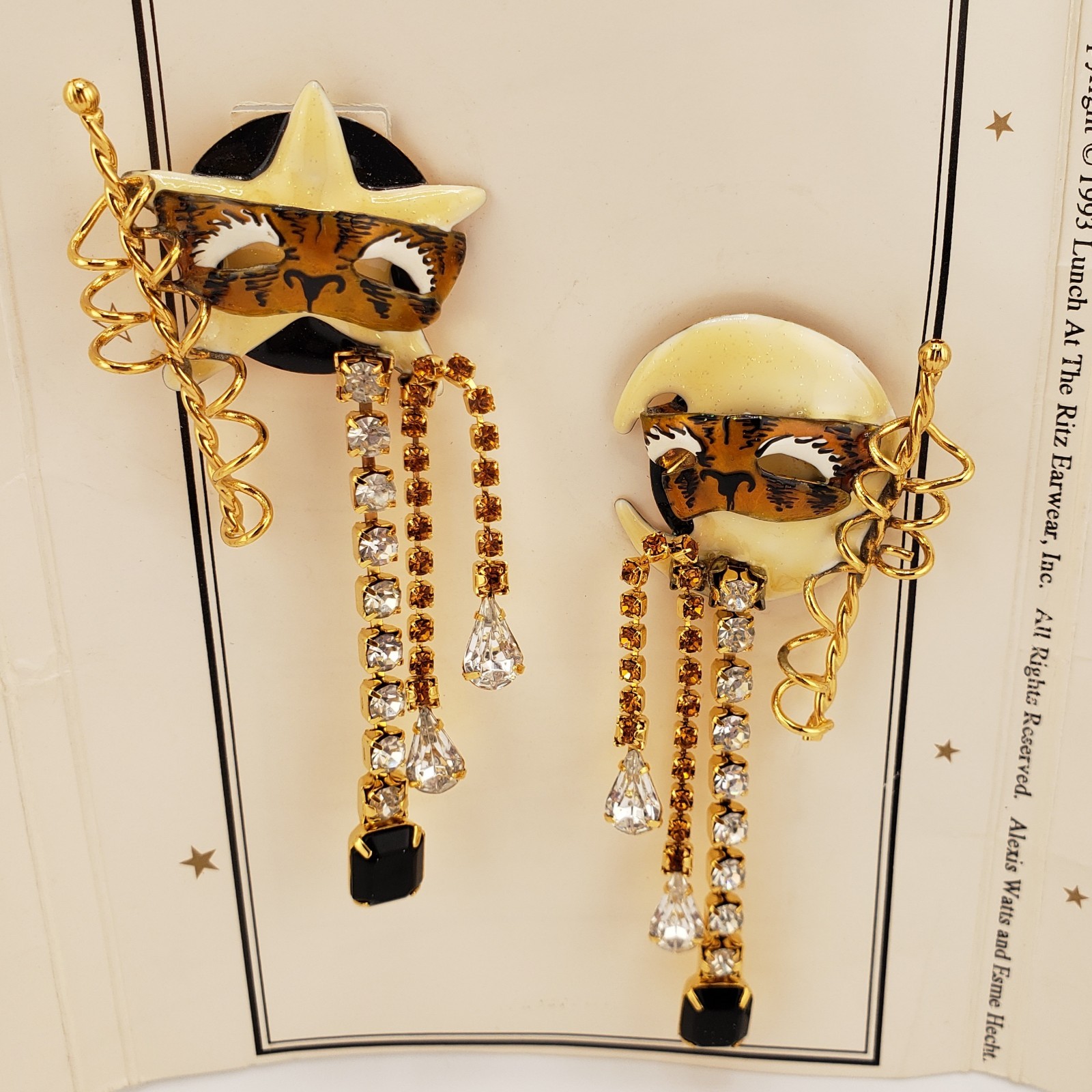 Lunch At The Ritz Pierced Earrings Masquerade With Moon New On Menu Card 1993