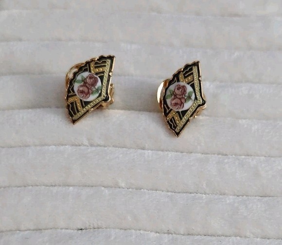 Damascene Gold Toned Clip Earrings With Floral Cameo
