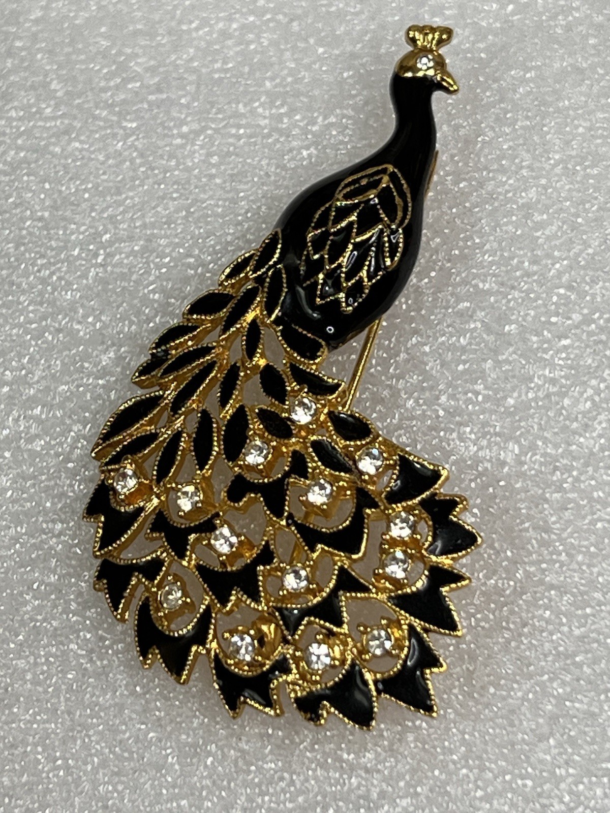 Peacock Brooch Pin Black Enamel & Gold Tone Rhinestones Elegant