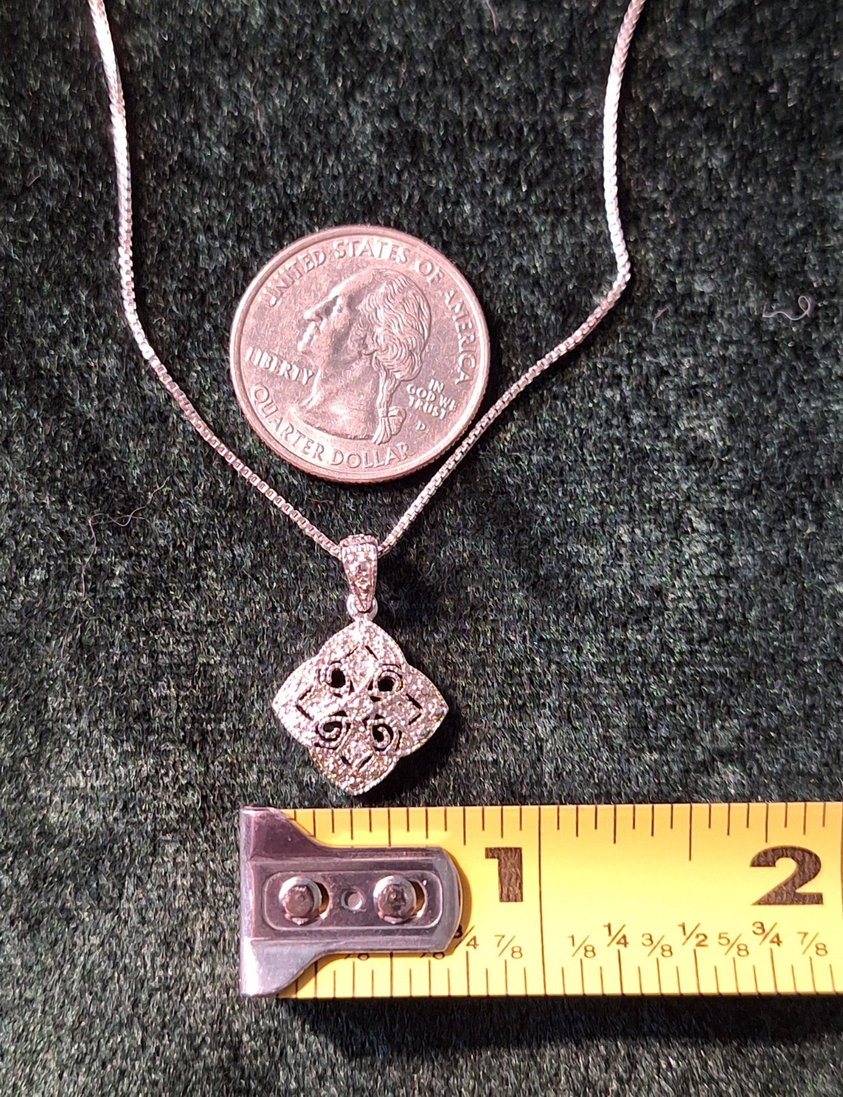 Vintage Sterling Silver Filigree Diamond Shape Pendant Box Chain Necklace Italy