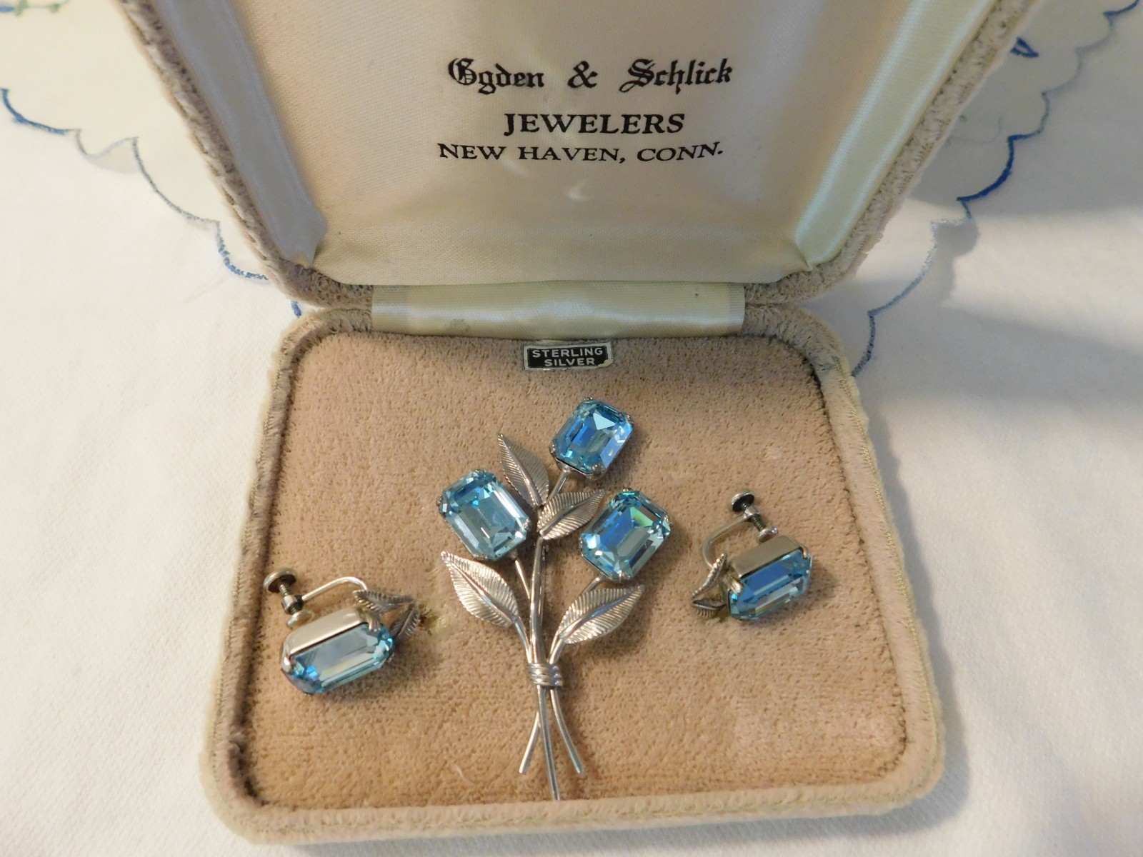 Sterling Silver Blue Crystal Rhinestone Flower Brooch and Earrings Vintage Set