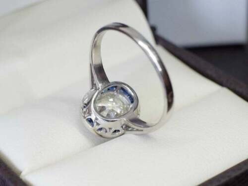 Art Deco Style Lab Created Diamond & Sapphire Engagement 14K White Gold FN Ring