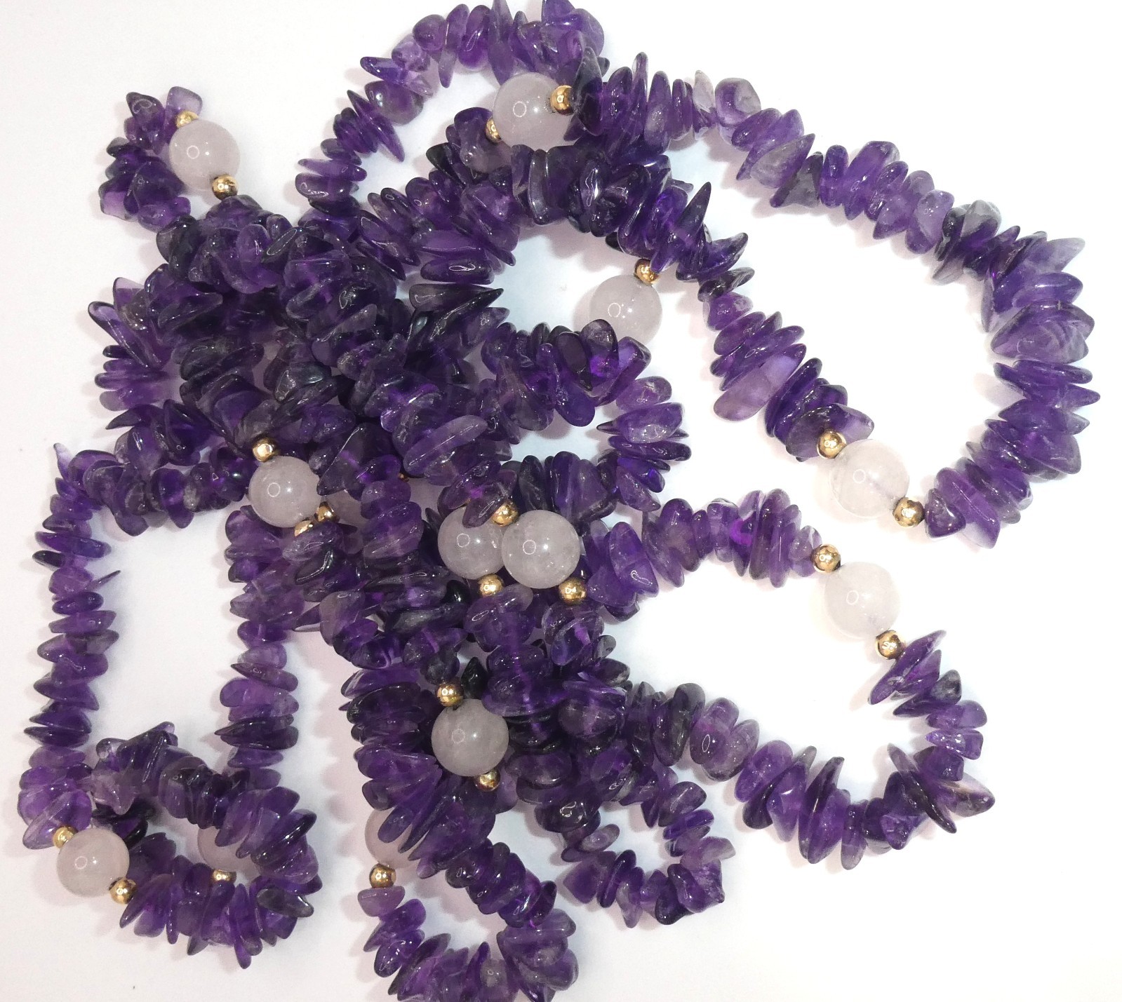 Amethyst Rose Quartz 10k Gold Spacer Beads 64” Opera Length Necklace Strand