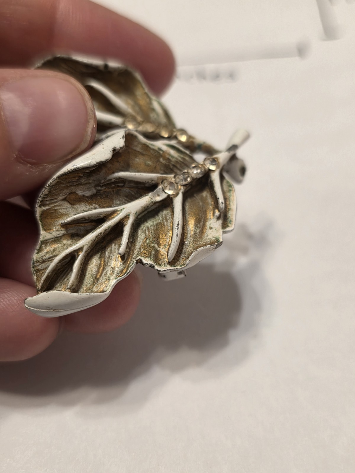 Vintage Coro Style Leaf Brooch Pin with Rhinestones