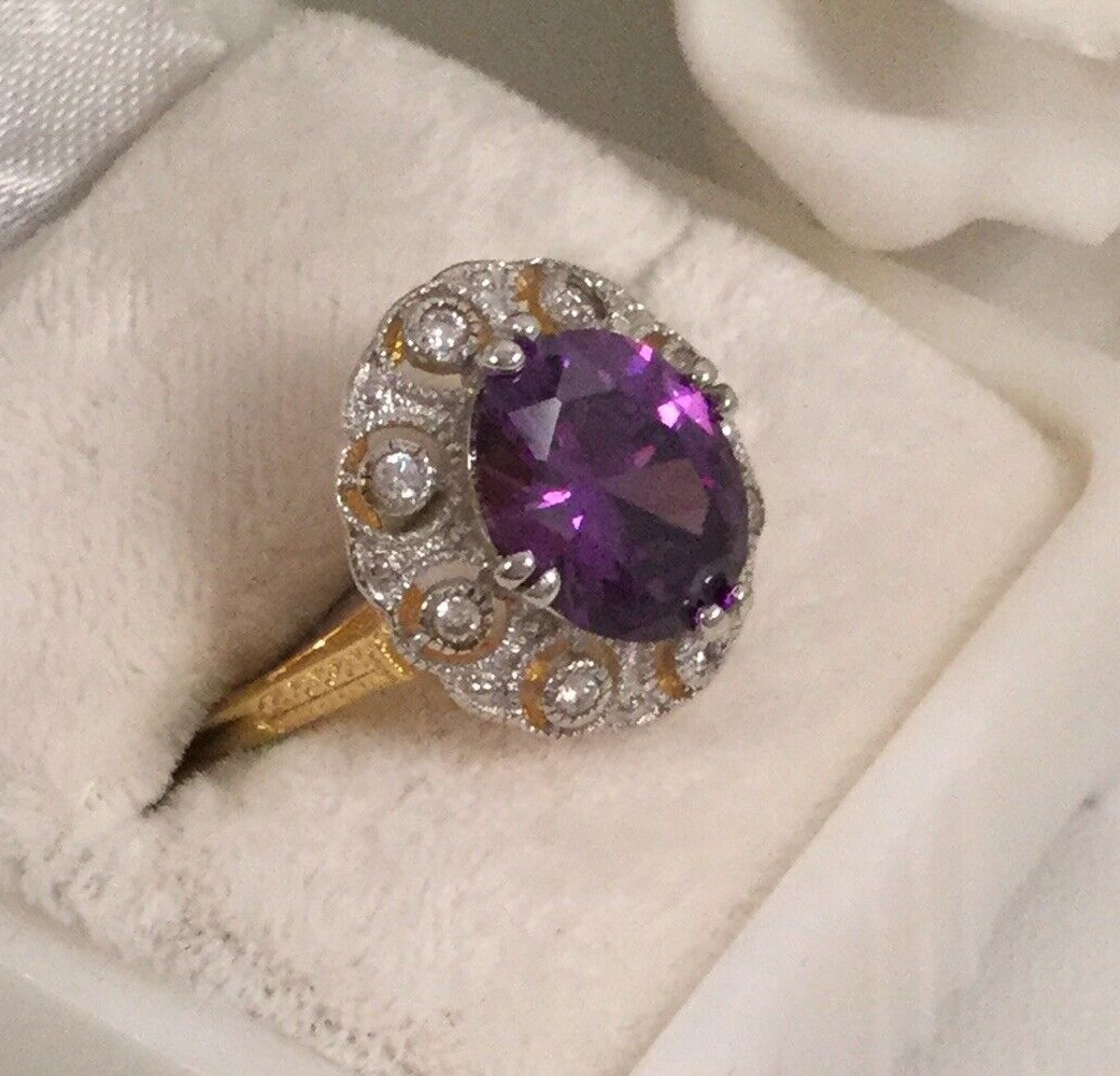 Vintage Jewellery Gold Ring Amethyst White Sapphires Antique Deco Jewelry 10 U