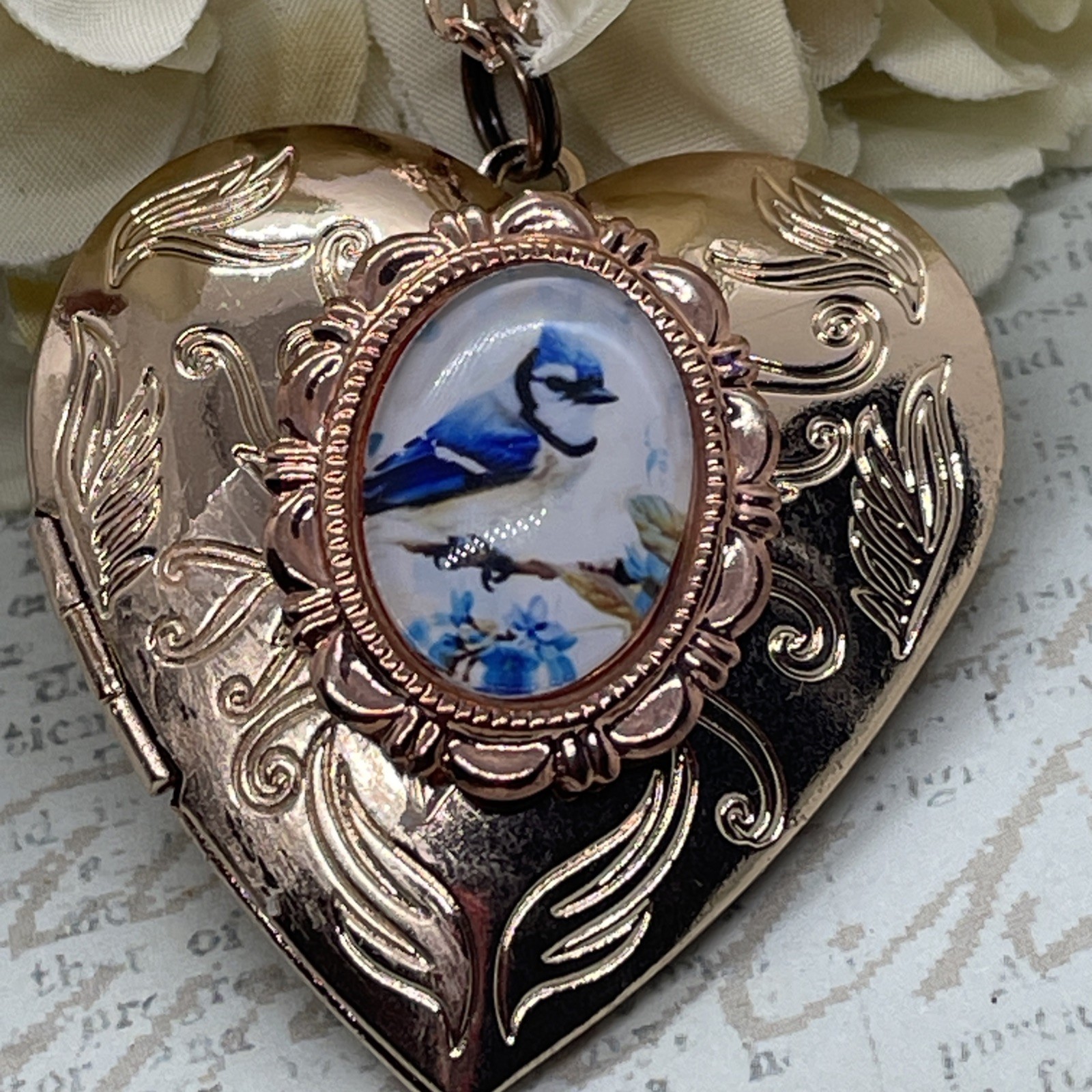 Blue Jay Bird VALENTINE Rose Gold Heart Locket Anniversary Bridal Gift Wedding