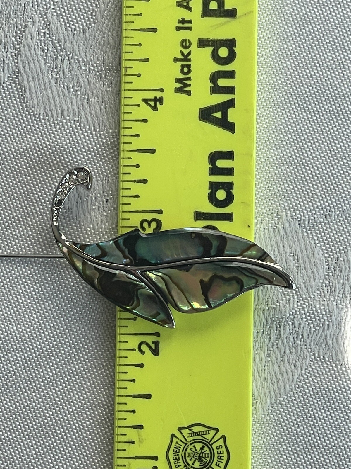Vintage Abalone Shell Leaf Brooch Pin Clear Rhinestones Inlaid MCM Mermaidcore