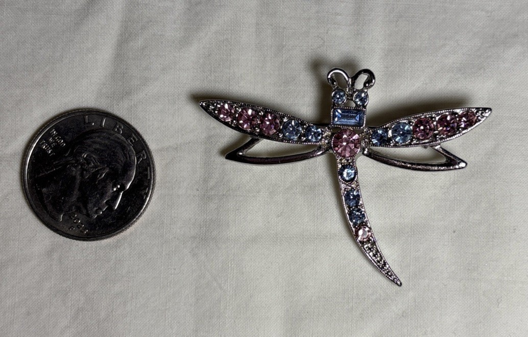 Rhinestone Dragonfly Brooch Silver Tone Vintage 1928 Jewelry Big Pin