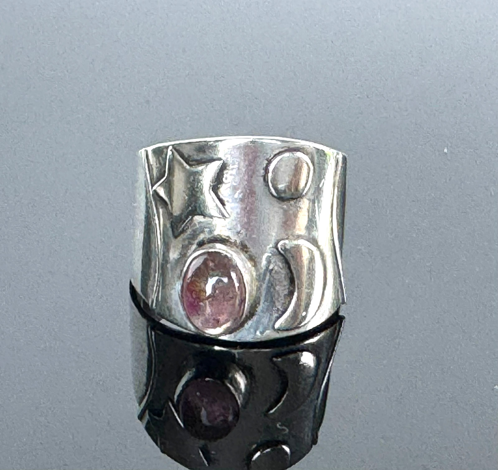 Vintage 925 Sterling Silver Wide Band Ring Pink Cabochon Star Sz 5.5