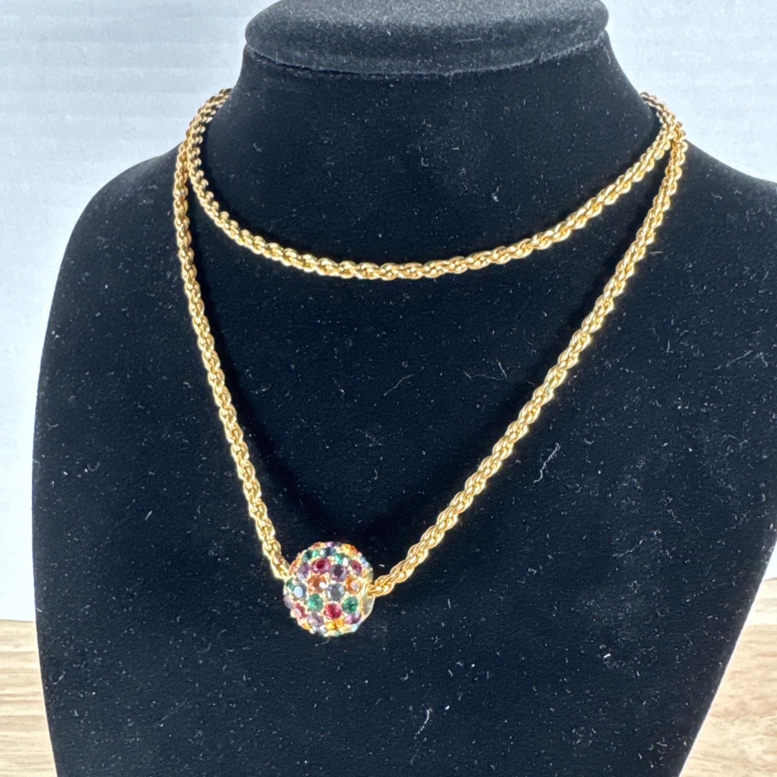 Vtg JOAN RIVERS Multicolor Pavé Rhinestone Spinner Ball Gold Tone 24” Necklace